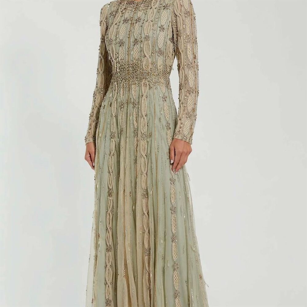 Mac Duggal Beige and Gold Maxi Dress